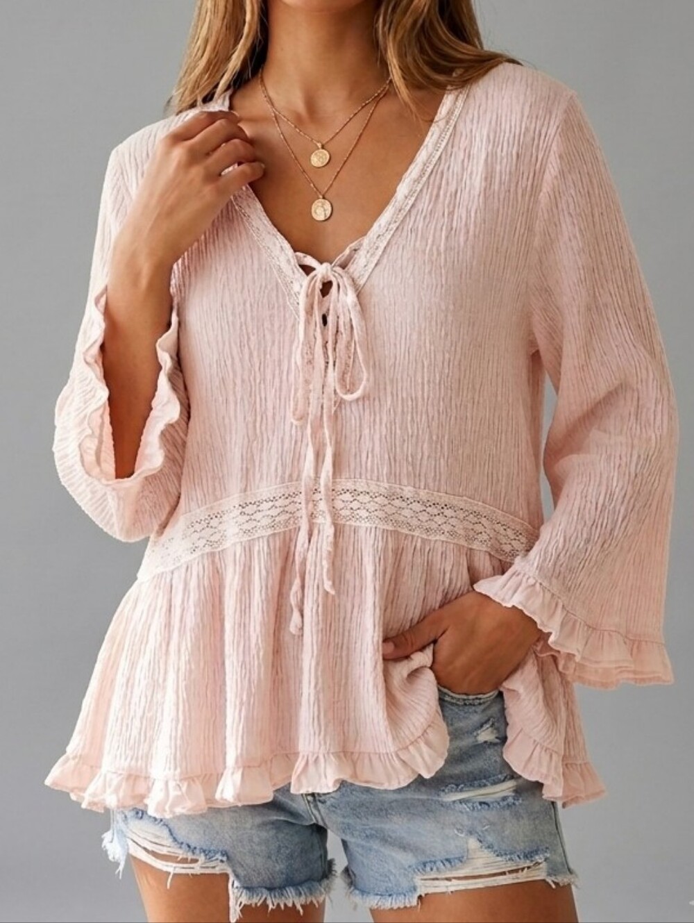 Talia Benson Boho Blush Pink Peasant Blouse with Lace Trim